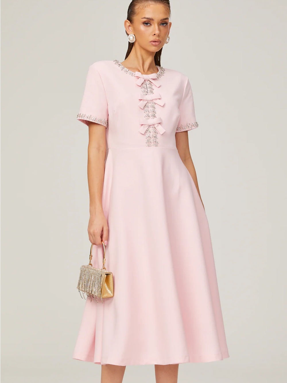 Feminine Light Pink Midi Dress with Bow Detail